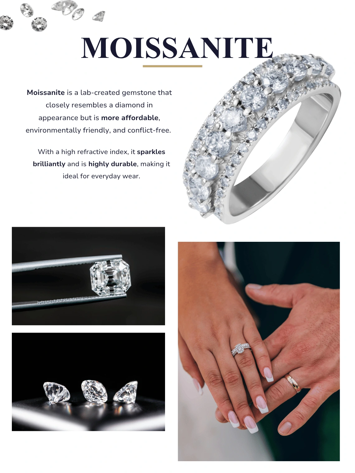 what is moissanite gemstone explanation educational jewelry chart showing brilliance and clarity comparison engagement ring stone