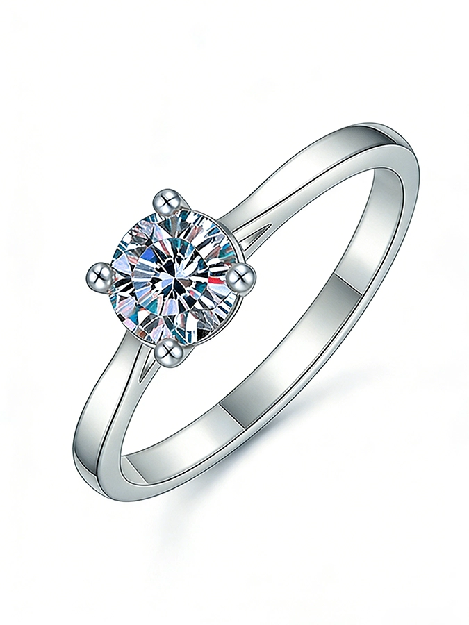 eternal promise moissanite ring 1ct 4 prong solitaire 45 degree angle white background product photo engagement ring