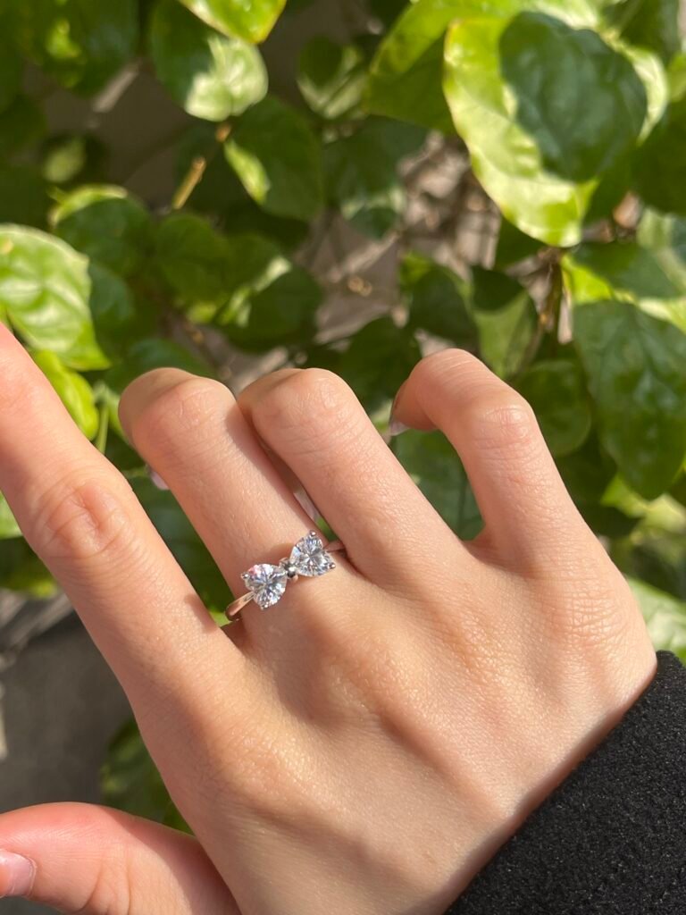 stacking two stone moissanite ring with minimalist bands