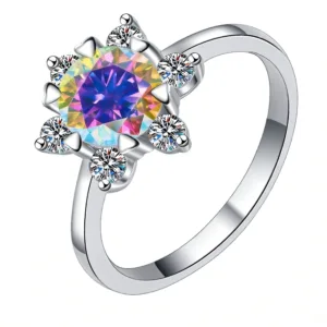 The Promise Moissanite Time & Distance™ Ring, 1CT AB stone aurora moissanite edition, frontal view on white background.