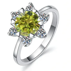 The Promise Moissanite Time & Distance™ Ring, 1CT olive green moissanite birthstone edition, frontal view on white background.