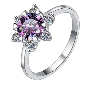 The Promise Moissanite Time & Distance™ Ring, 1CT purple moissanite birthstone edition, frontal view on white background.