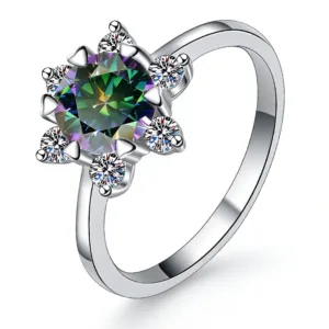 The Promise Moissanite Time & Distance™ Ring, 1CT rainbow multi-color moissanite edition, frontal view on white background.