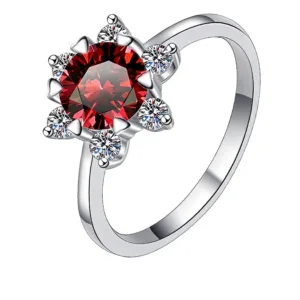 The Promise Moissanite Time & Distance™ Ring, 1CT red moissanite birthstone edition, frontal view on white background.
