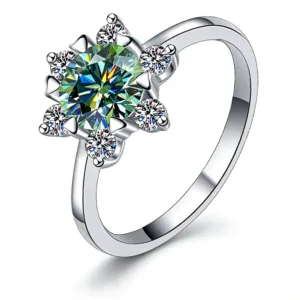 The Promise Moissanite Time & Distance™ Ring, 1CT turquoise moissanite birthstone edition, frontal view on white background.