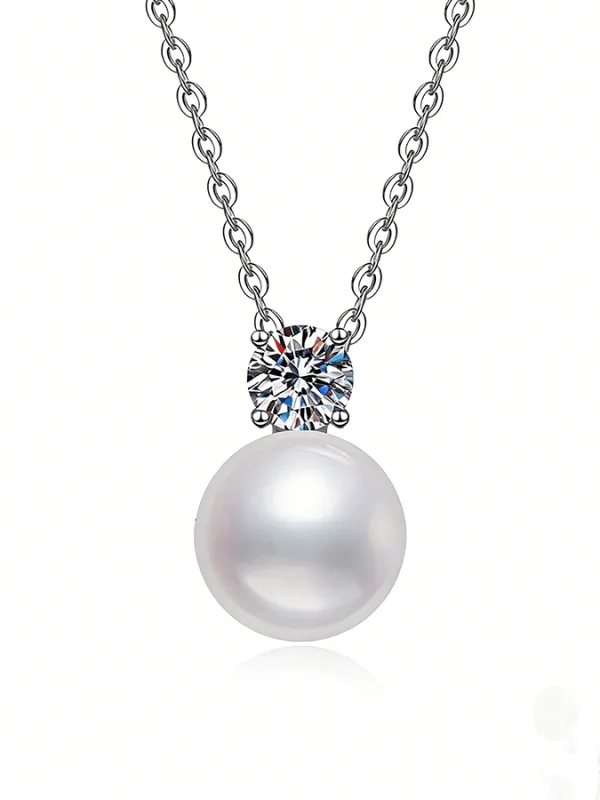 The Promise Moissanite Hidden Love™ Pearl Drop Necklace, featuring a 0.5CT moissanite and 10mm pearl, isolated on white background.
