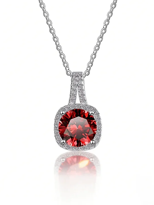 The Promise Moissanite Time & Distance™ Square Necklace, 1–2CT red moissanite birthstone edition, frontal view on white background.